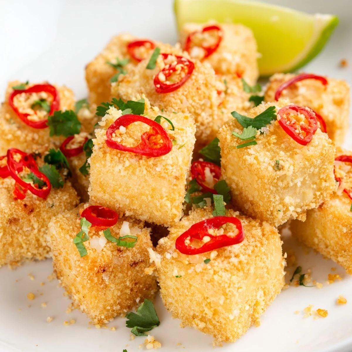 Vegan chili lime tofu crunch served over steamed rice with fresh cilantro and extra lime wedges