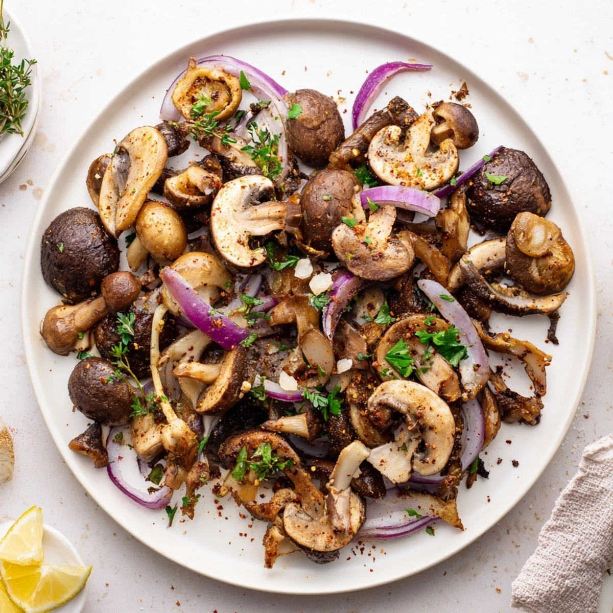 Golden roasted mushroom medley with smoked paprika and fresh herbs on a white serving platter