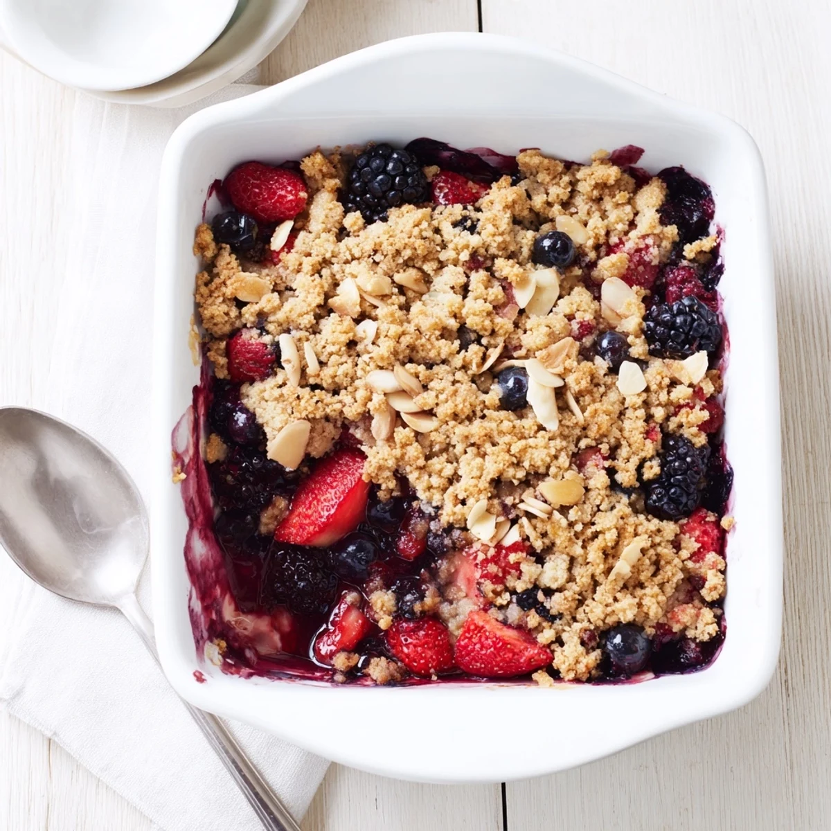 Golden vanilla almond berry bake with bubbling mixed fruit and crispy oat crumble topping