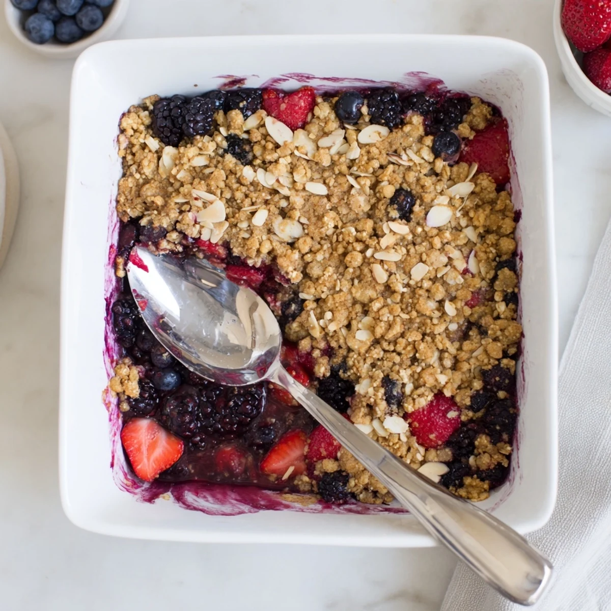Warm vanilla almond berry bake fresh from oven with juicy berries and almond streusel