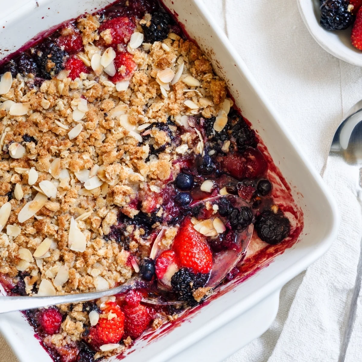 Vanilla almond berry bake served in white bowl featuring golden crumble and red berries
