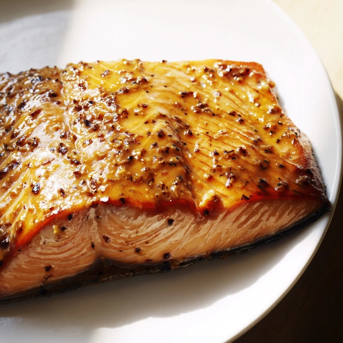 Golden brown maple mustard glazed salmon fillet with sticky sweet and tangy glaze on white plate