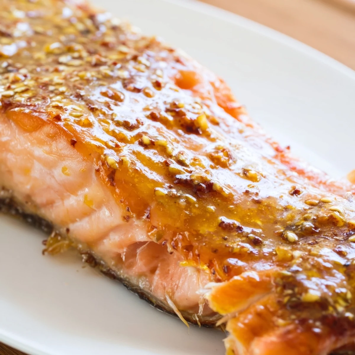 Perfectly baked maple mustard glazed salmon with caramelized edges served on rustic wooden board