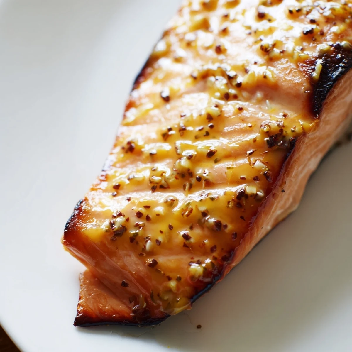 Oven roasted salmon fillets brushed with maple dijon mustard glaze garnished with fresh lemon wedges