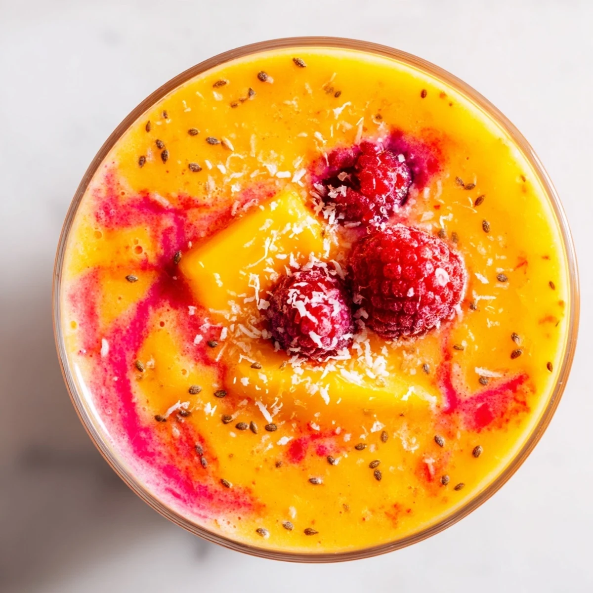 Thick creamy raspberry mango coconut smoothie poured into a tall glass with tropical fruit swirls