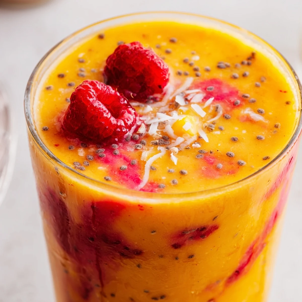 Vibrant pink smoothie blending sweet mango and tart raspberries with rich coconut milk texture