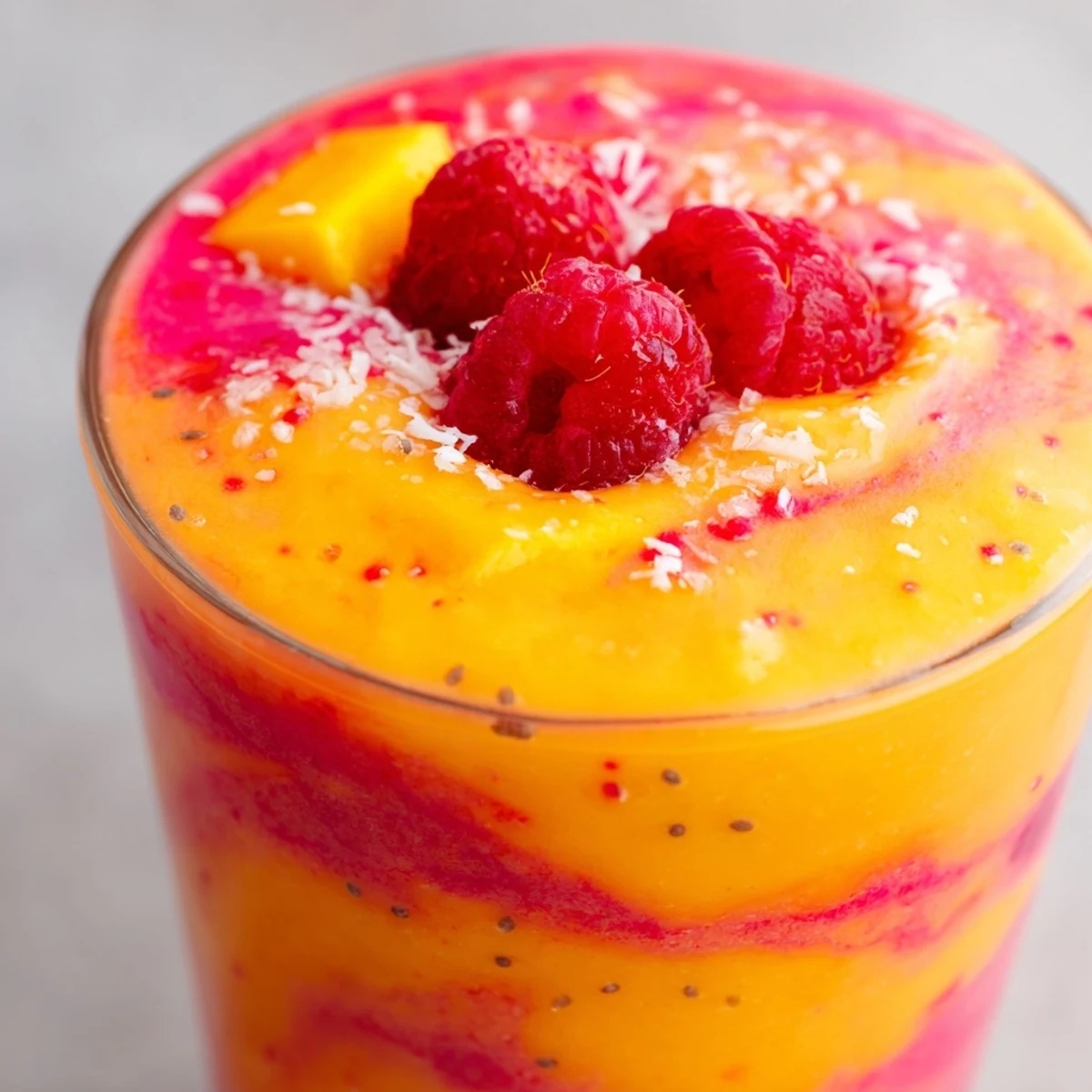 Fresh raspberry and mango smoothie topped with shredded coconut garnish in clear serving glass