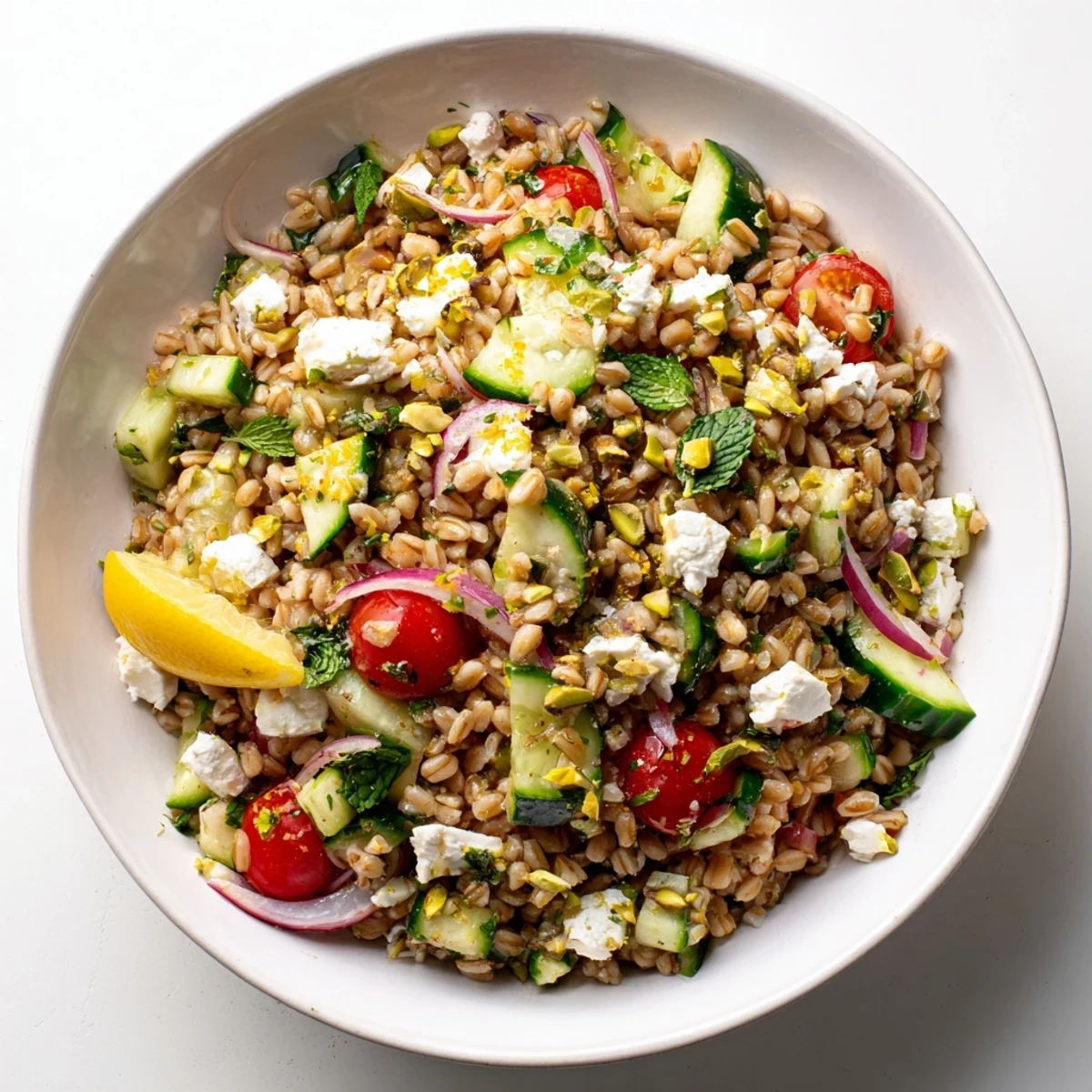 Citrus herb farro and cucumber bowl with bright vegetables and zesty dressing garnished with feta