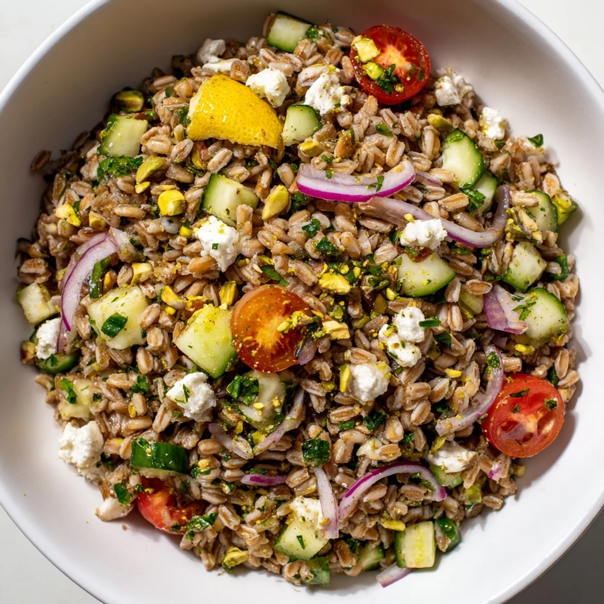 Colorful citrus herb farro and cucumber bowl featuring cherry tomatoes and fresh mint in a serving dish