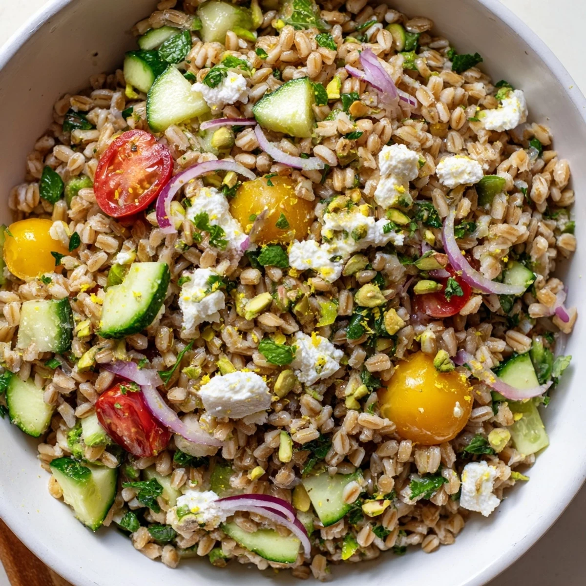 Close-up of citrus herb farro and cucumber bowl drizzled with citrus dressing and topped with pistachios