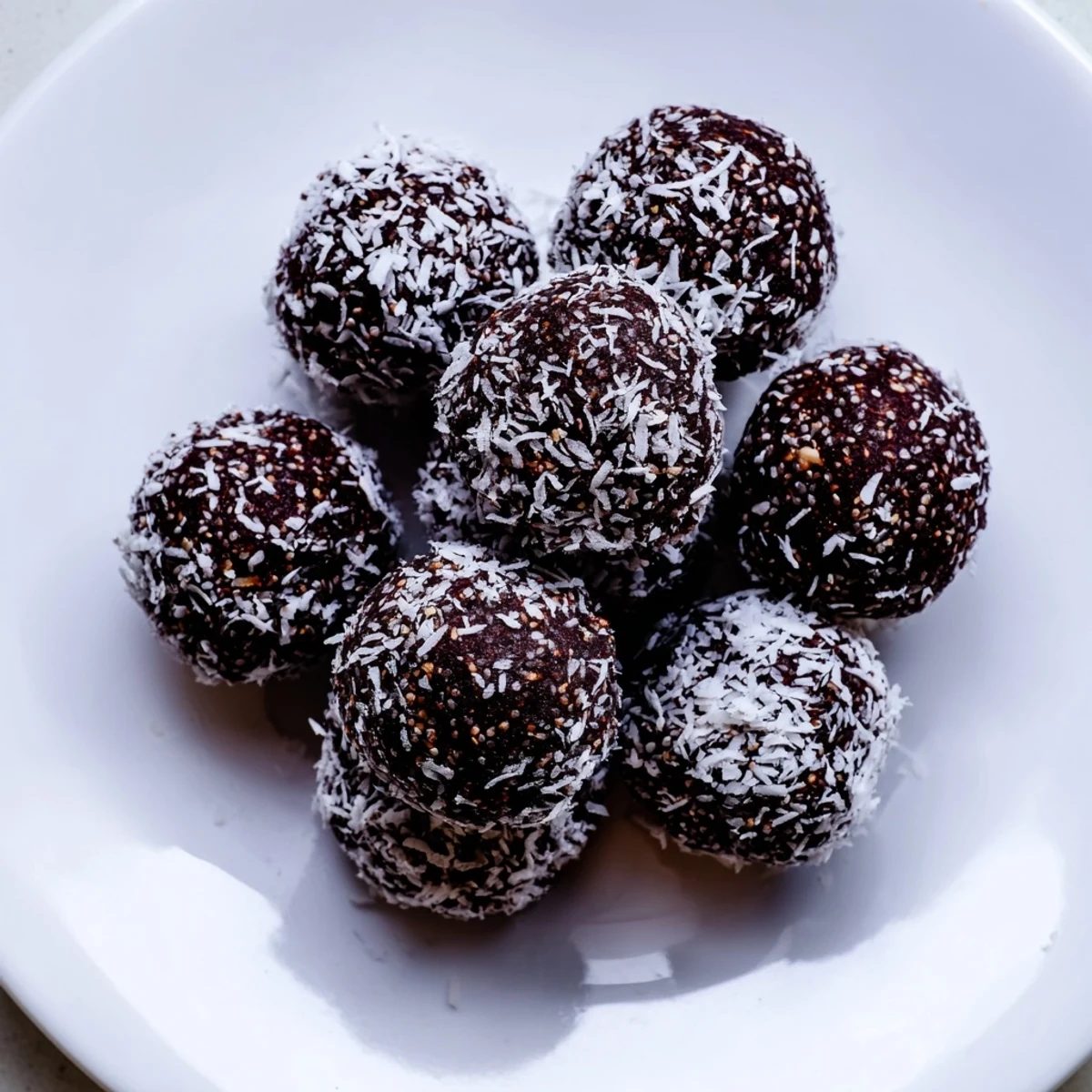 Bite-sized no-bake cocoa coconut cashew chia bliss treats arranged on white plate