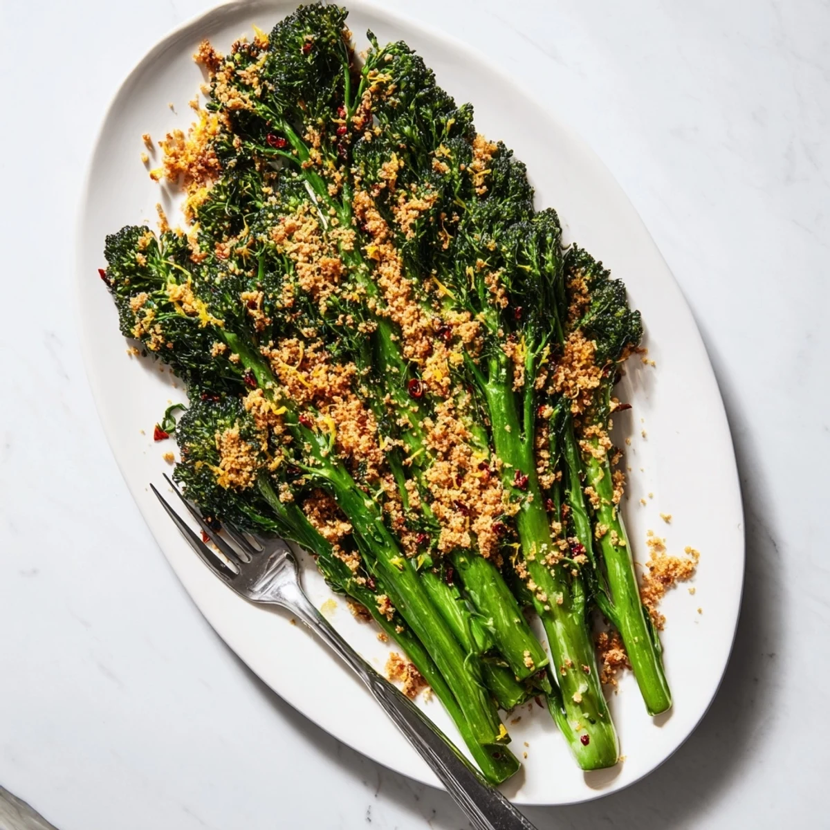 Golden roasted broccolini spears scattered with spicy lemon panko crumbs on a white serving plate