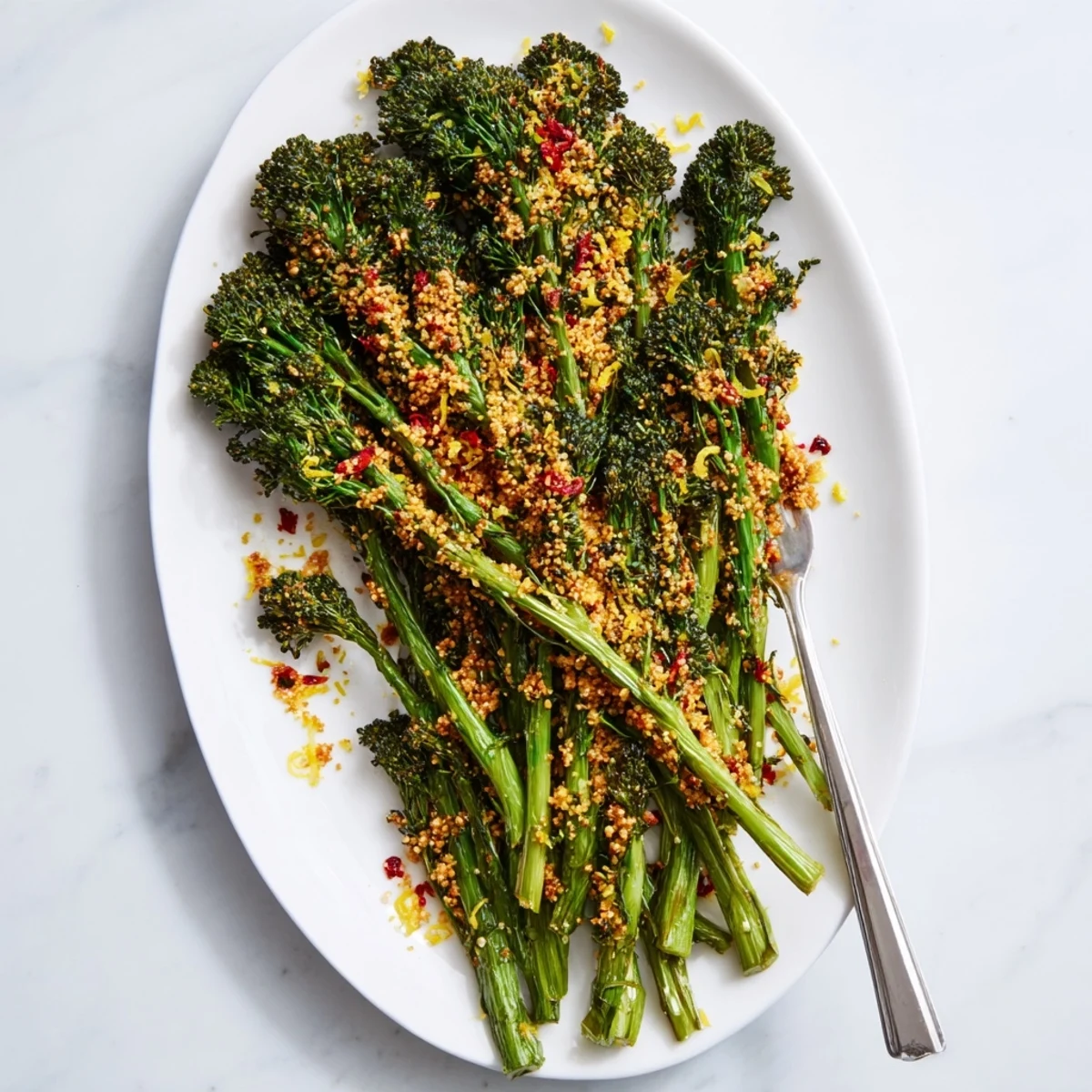 Tender broccolini finished with crisp chili garlic breadcrumbs and bright lemon zest garnish