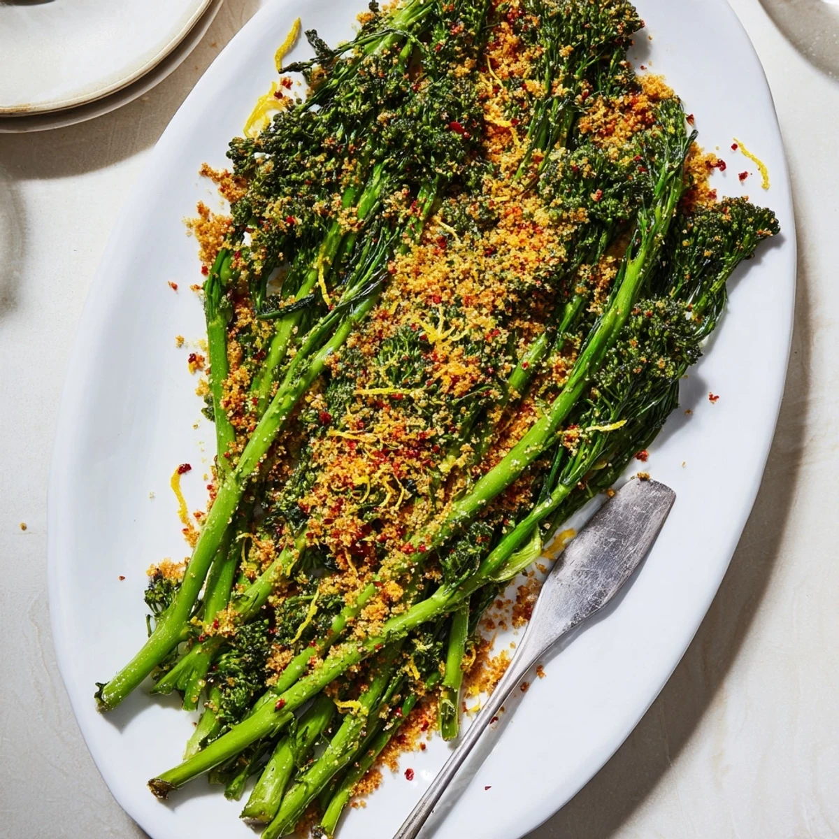 Oven roasted broccolini side dish topped with golden red pepper and lemon crumble