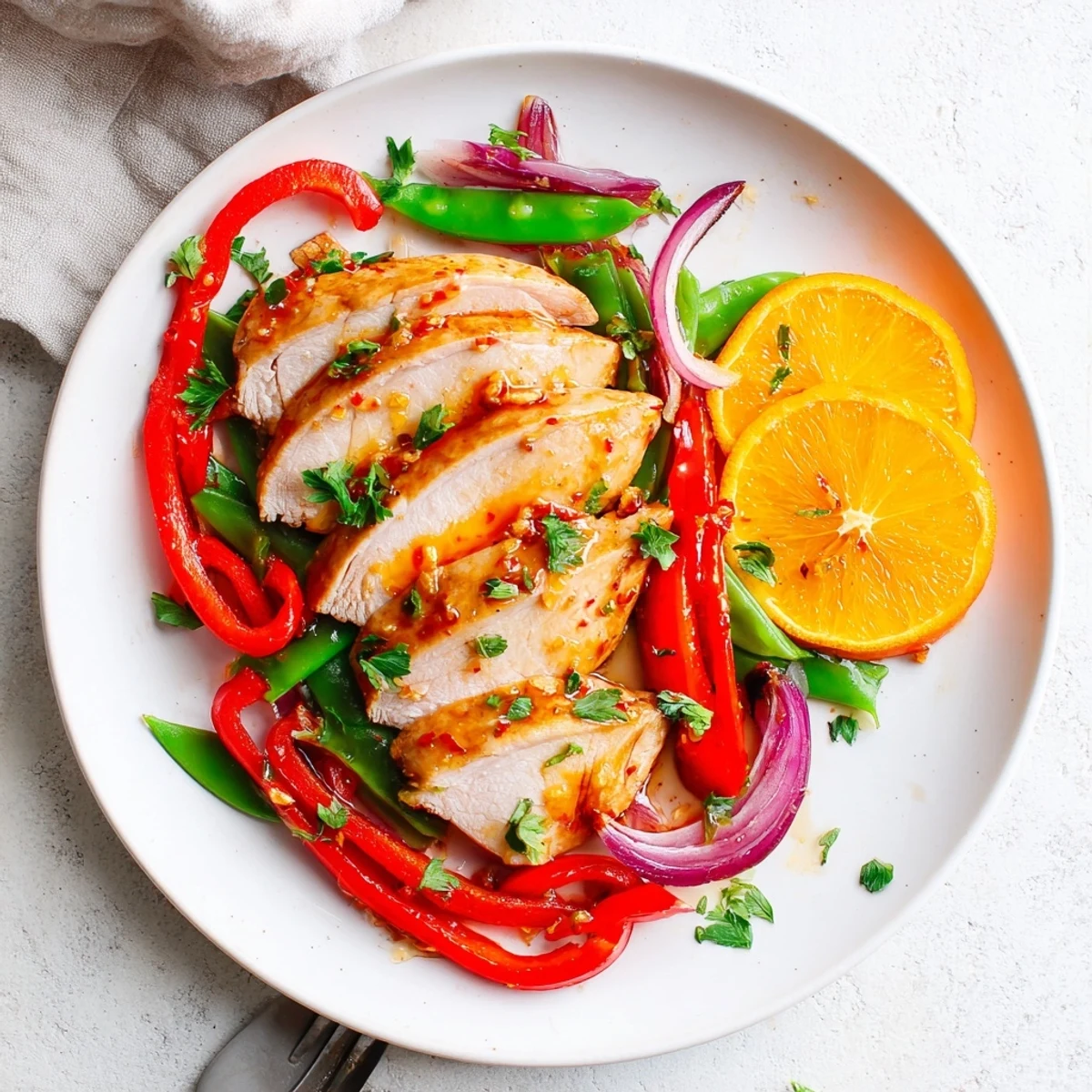 Golden brown turkey strips simmered in a zesty citrus garlic glaze with colorful bell peppers and red onion in a skillet