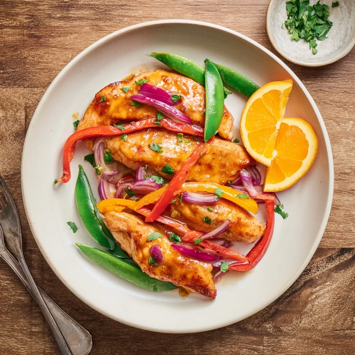 Sizzling citrus garlic glazed turkey skillet plated with snap peas and red bell pepper in a vibrant orange sauce