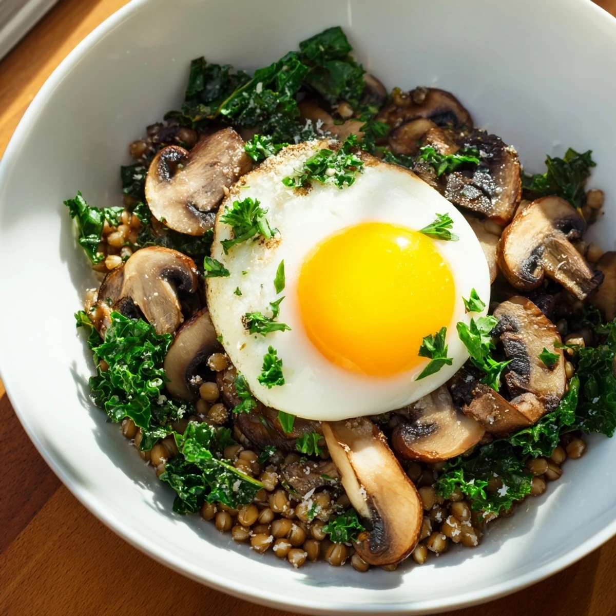 Hearty savory mushroom and kale buckwheat breakfast bowl topped with a perfectly cooked sunny side up egg