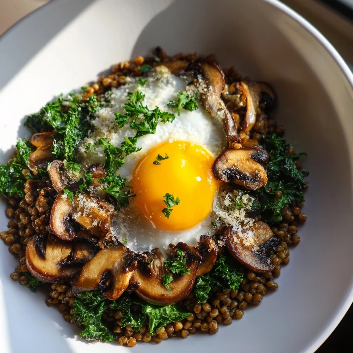 Gluten-free buckwheat breakfast bowl featuring sautéed mushrooms, wilted kale, and a runny yolk egg