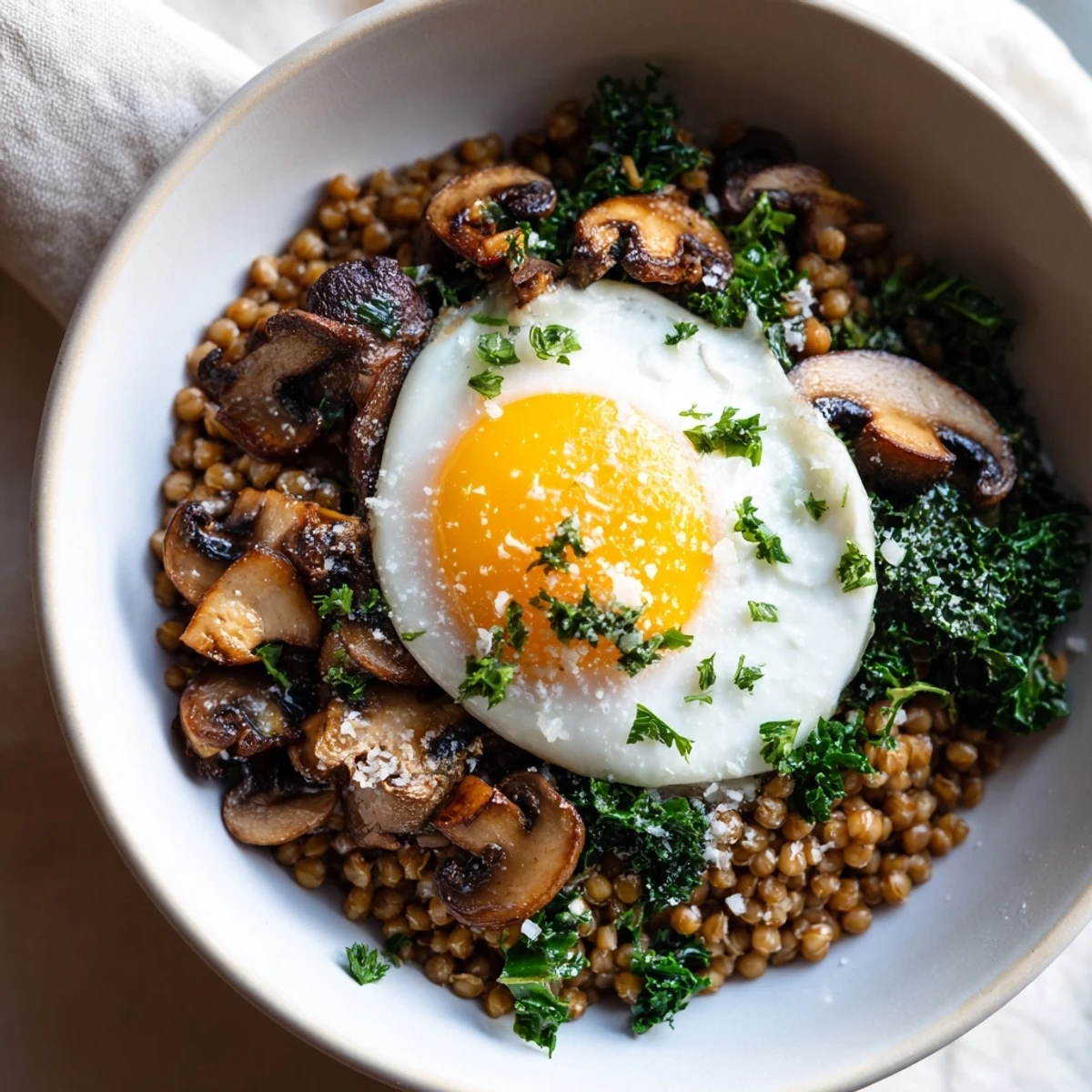 Nutritious vegetarian breakfast bowl with earthy buckwheat groats, golden mushrooms, fresh kale, and a fried egg
