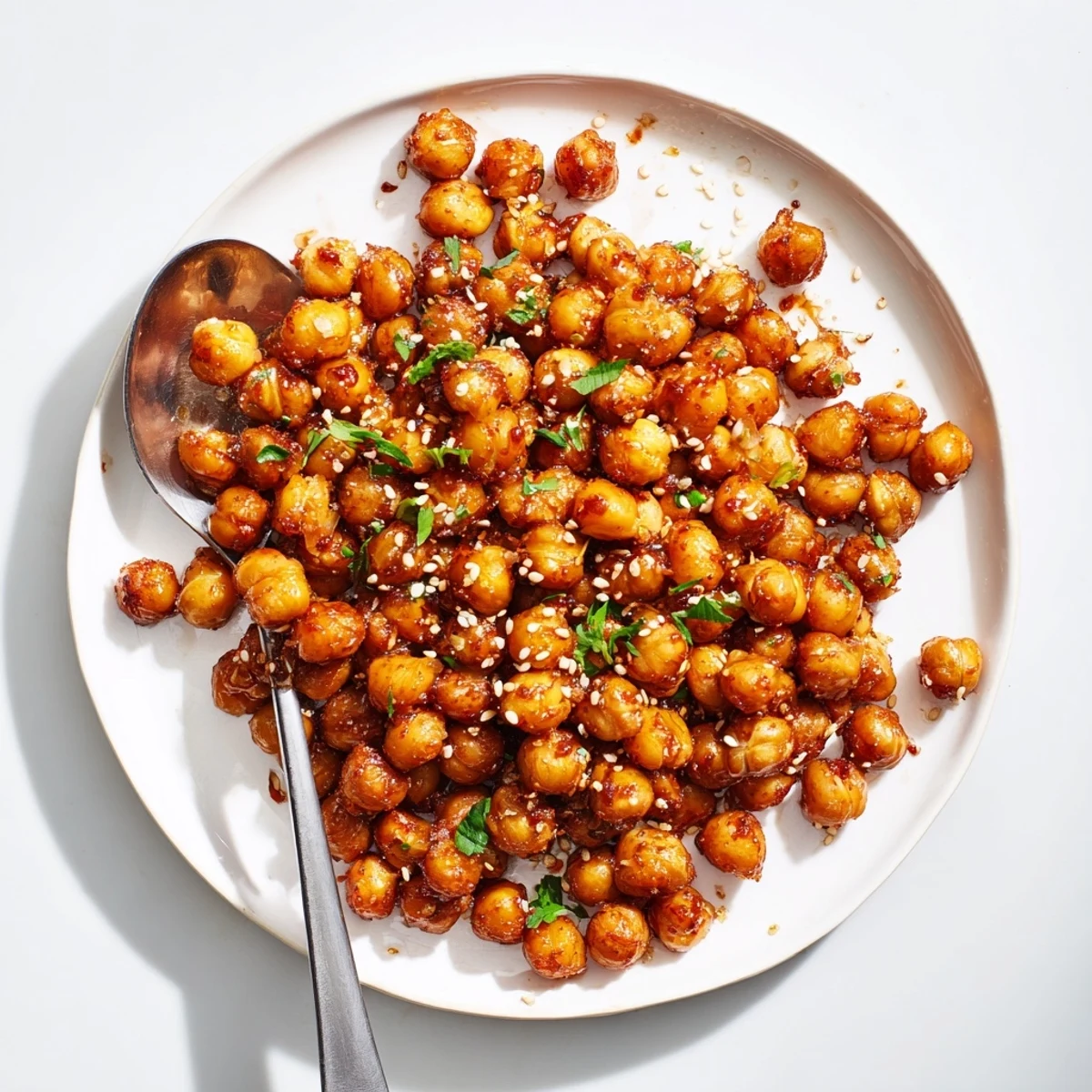 Golden roasted chickpeas coated in spicy chili maple glaze, garnished with fresh parsley and sesame seeds