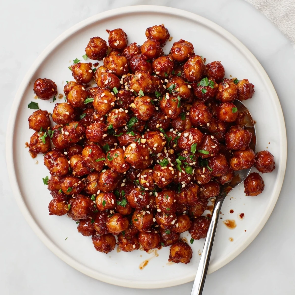 Crispy chili maple chickpea crunch arranged on white plate, showcasing glossy roasted texture and vibrant green parsley