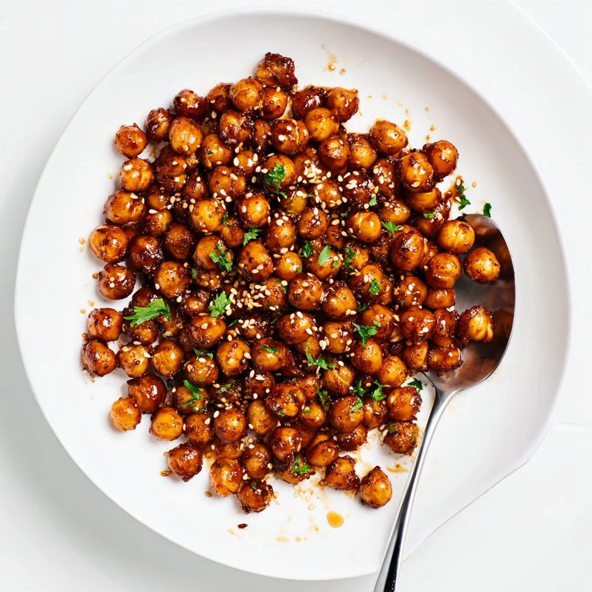 Baked chickpeas tossed in sweet maple syrup and smoky chili spices, cooling on parchment-lined baking sheet