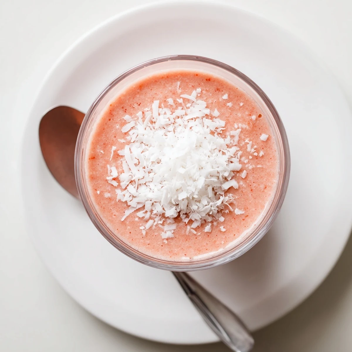 Peach Raspberry Coconut Smoothie poured into a glass with fresh fruit and coconut garnish