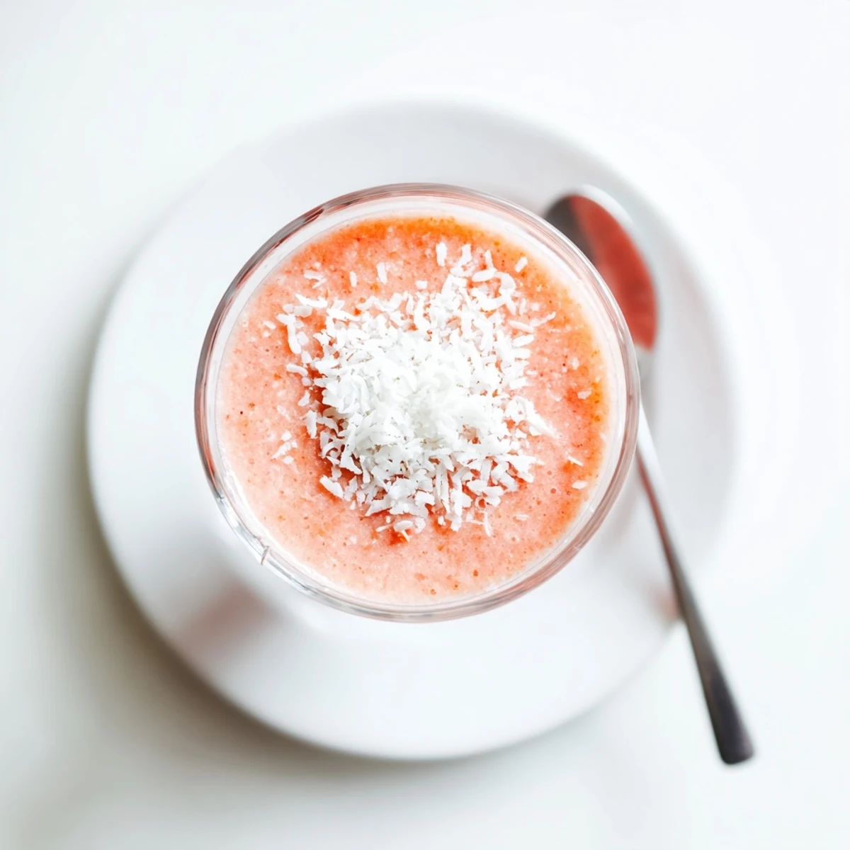 Vibrant Peach Raspberry Coconut Smoothie blended creamy with frozen peaches and tart raspberries