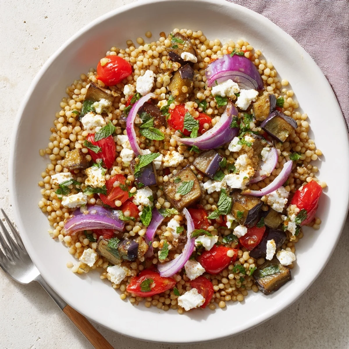Hearty warm millet and roasted eggplant salad topped with cherry tomatoes, mint, and crumbled feta cheese