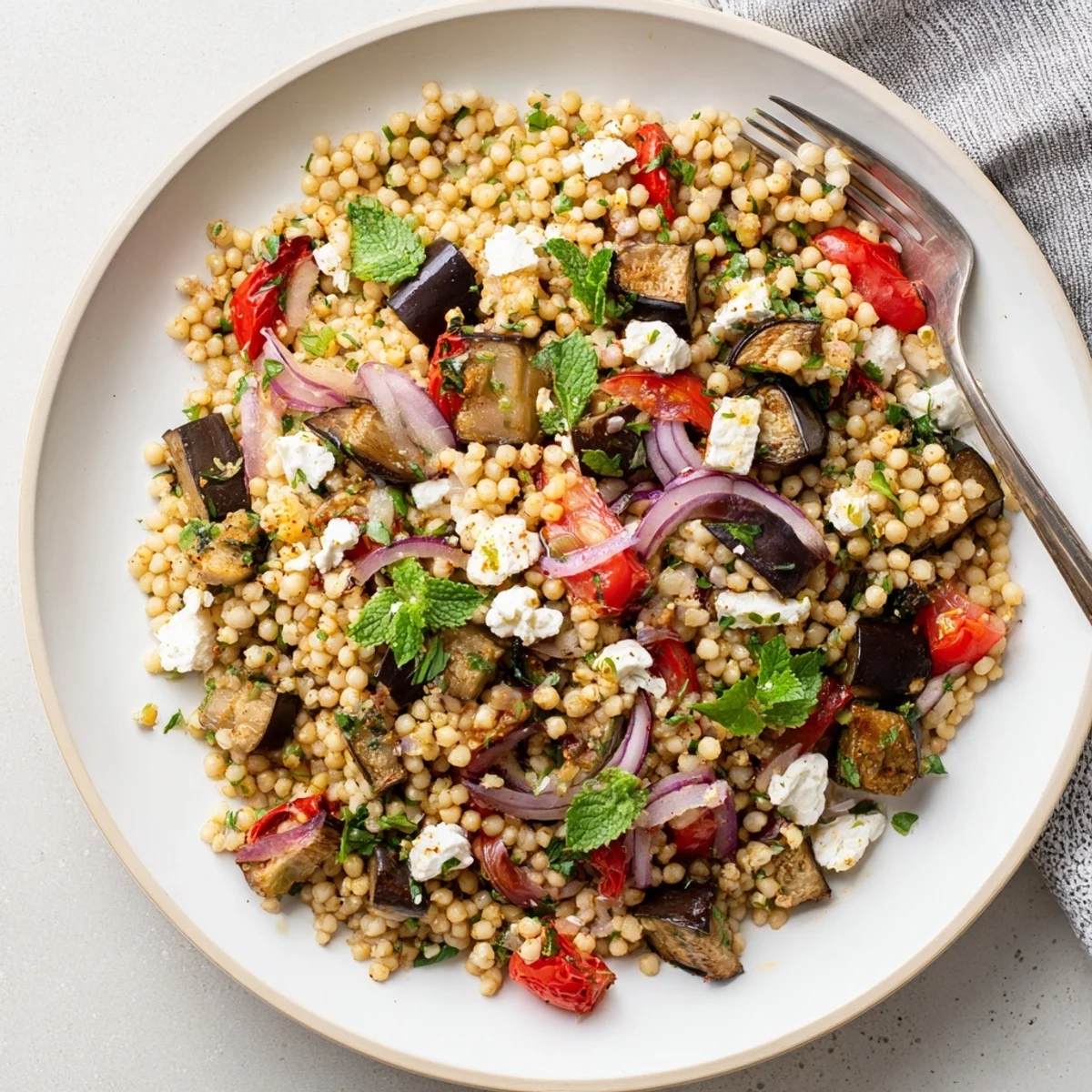 Mediterranean-inspired warm millet and roasted eggplant salad with red bell pepper and zesty lemon dressing