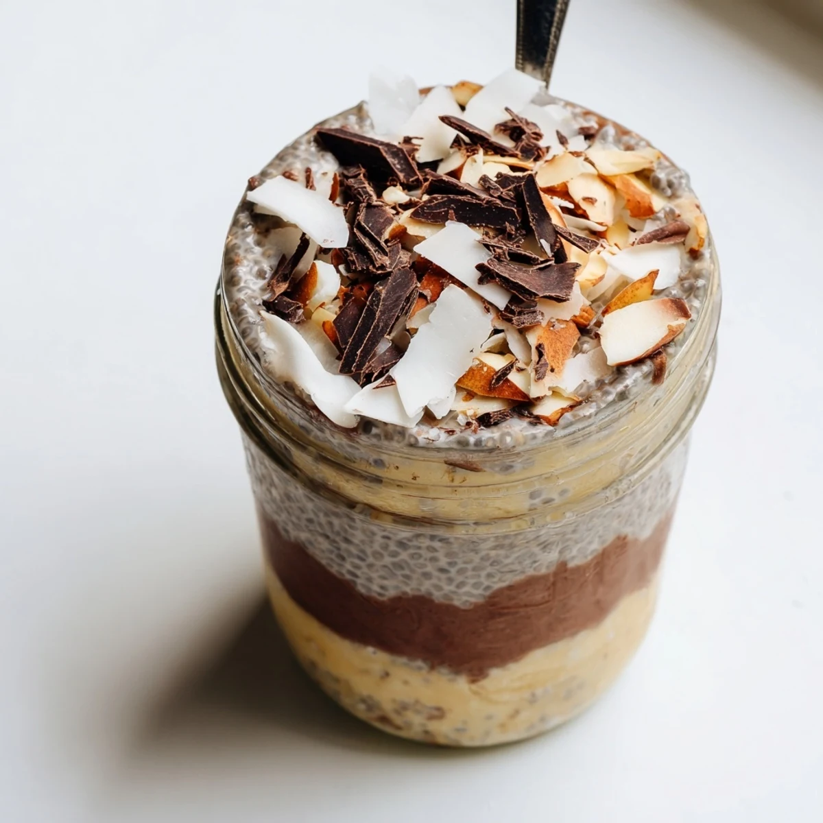 Rich cocoa almond coconut chia indulgence layered in glass with toasted almond topping