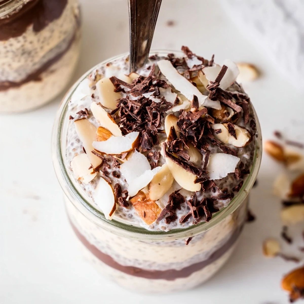 Creamy chocolate and vanilla chia pudding layered with toasted coconut and dark chocolate