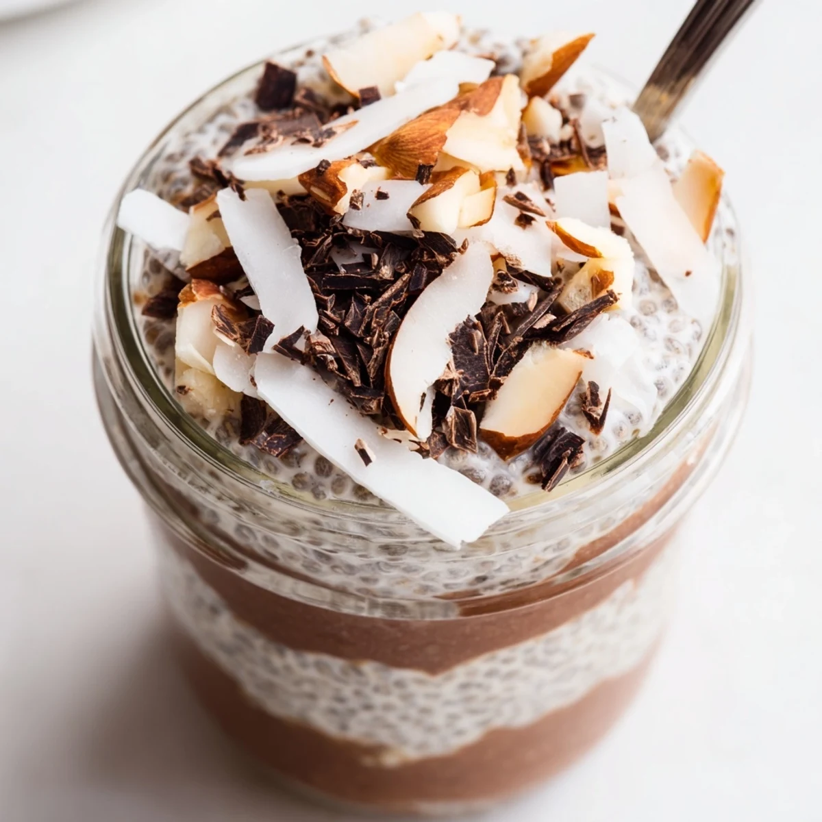 Vegan cocoa almond coconut chia indulgence dessert topped with crunchy toasted almonds and coconut