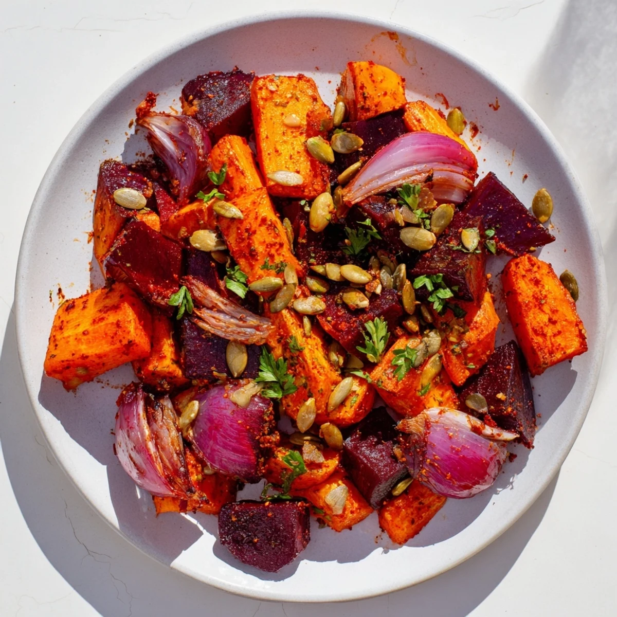 Colorful smoky roasted carrot and beet medley garnished with fresh parsley on a white serving platter