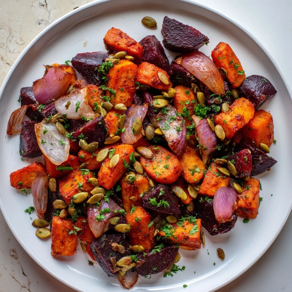 Golden caramelized roasted carrots and beets seasoned with smoked paprika and cumin arranged on rustic parchment paper