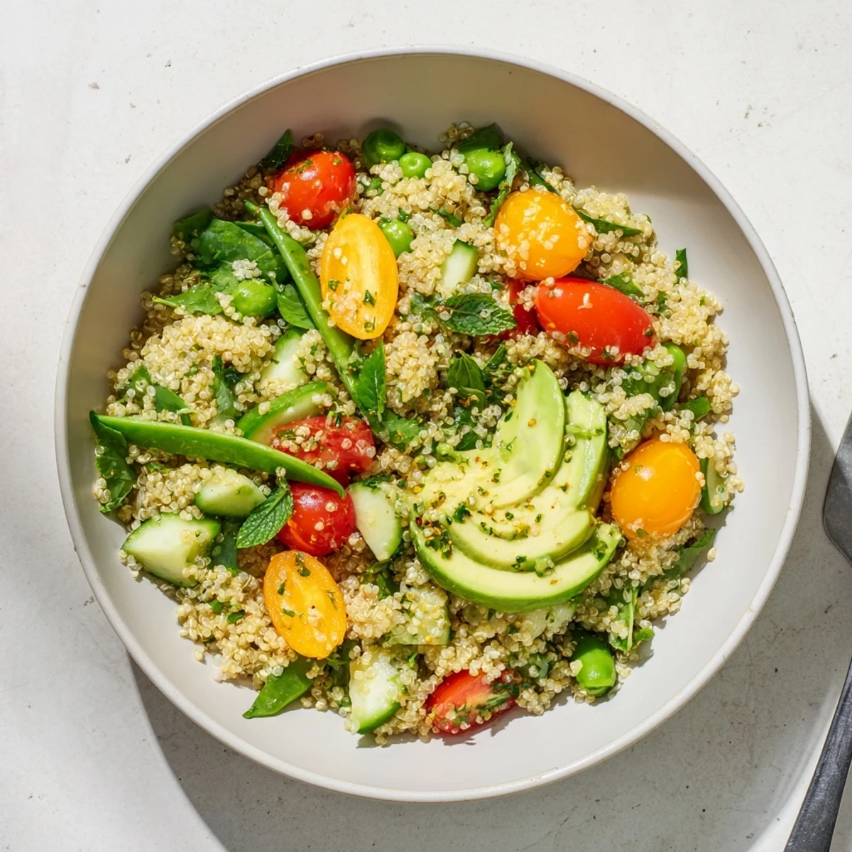 Fresh citrus herb quinoa bowl arranged with snap peas, tomatoes, cucumber, and tangy citrus dressing