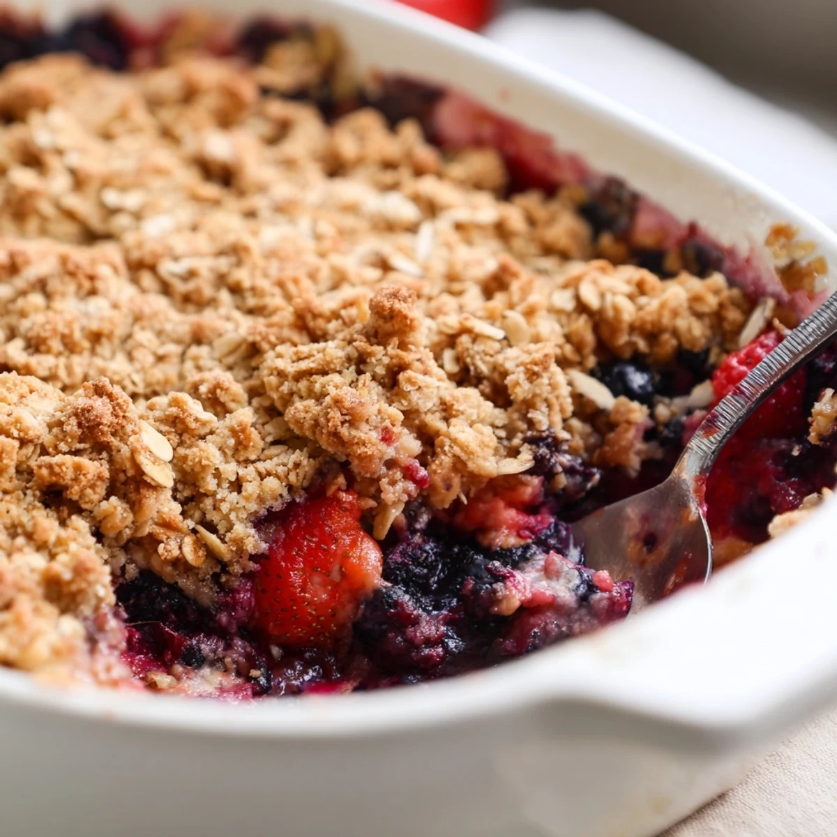 Fresh baked vanilla coconut berry crumble served warm with scoops of vanilla ice cream