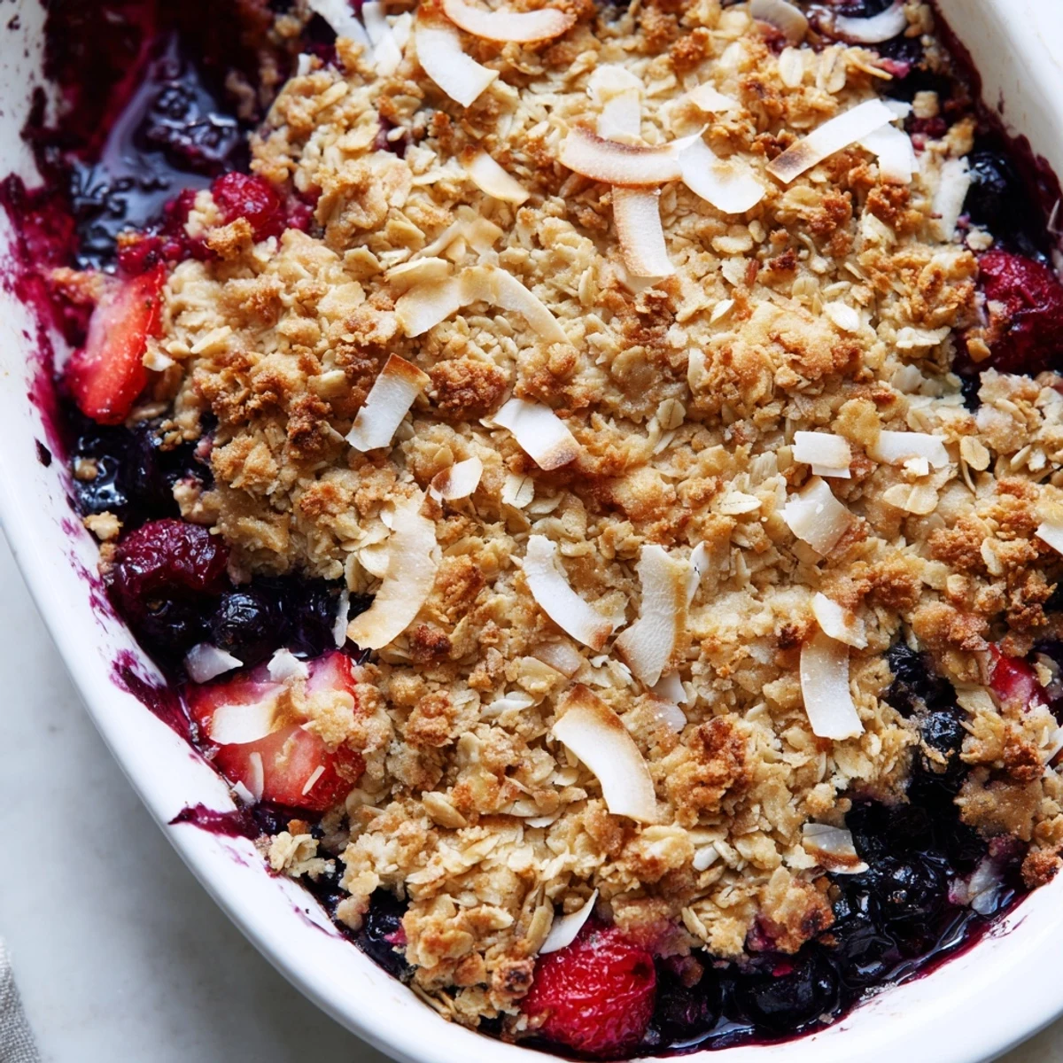 Golden vanilla coconut berry crumble with bubbling mixed fruit and toasted oat topping