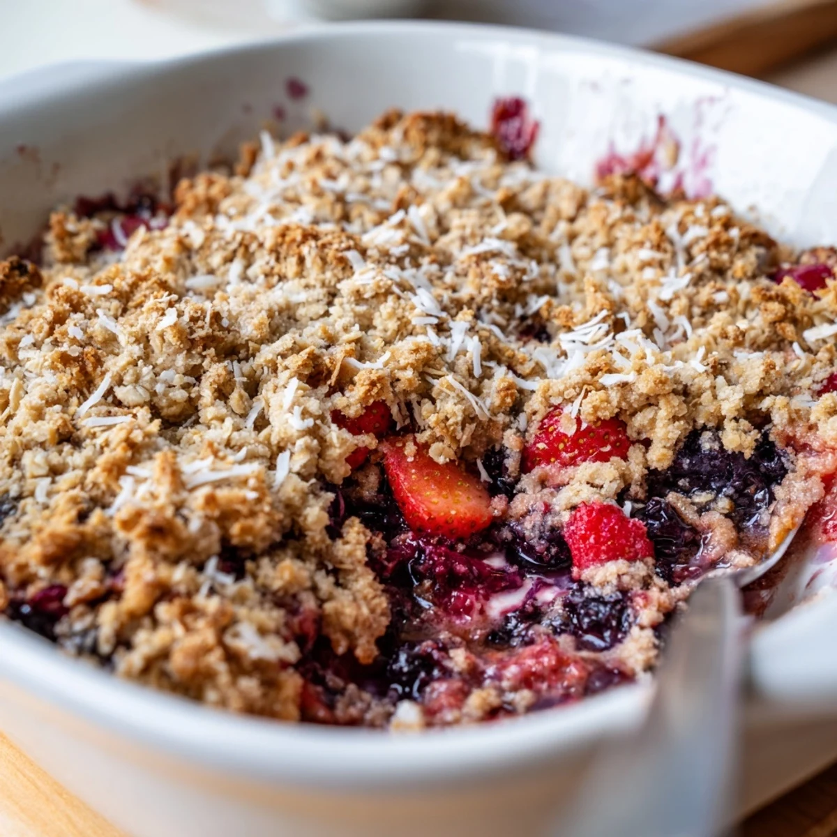 Rustic berry crumble topped with coconut vanilla oats just out of the oven