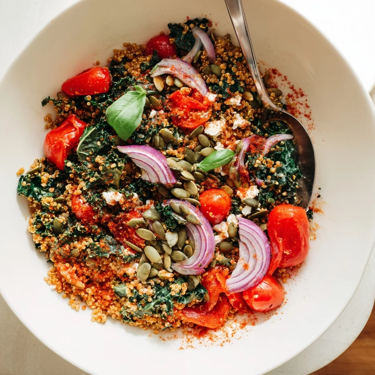 Bright basil and pumpkin seeds crown Savory Tomato and Kale Amaranth Breakfast Bowl
