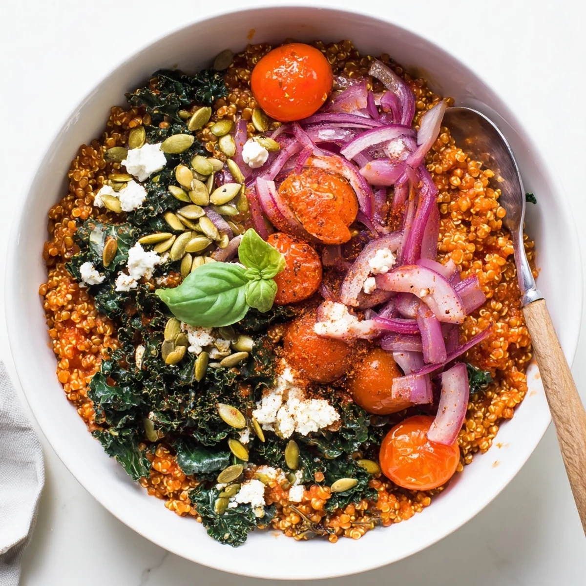 Savory Tomato and Kale Amaranth Breakfast Bowl steaming with crumbled feta