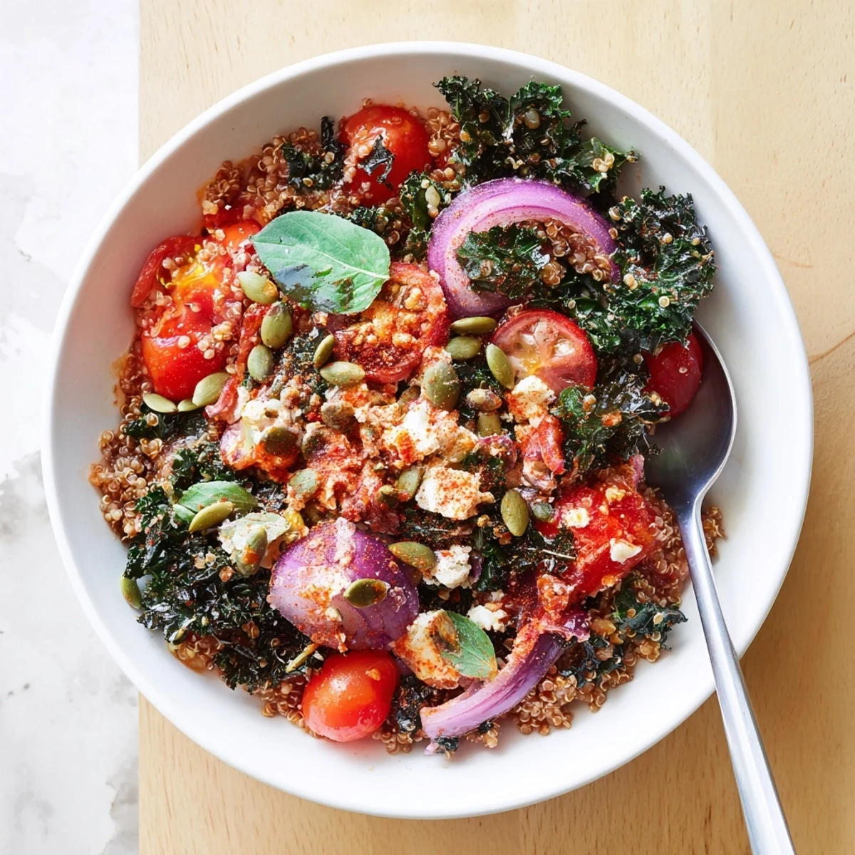 Warm bowl of nutty amaranth and herbs: Savory Tomato and Kale Amaranth Breakfast Bowl