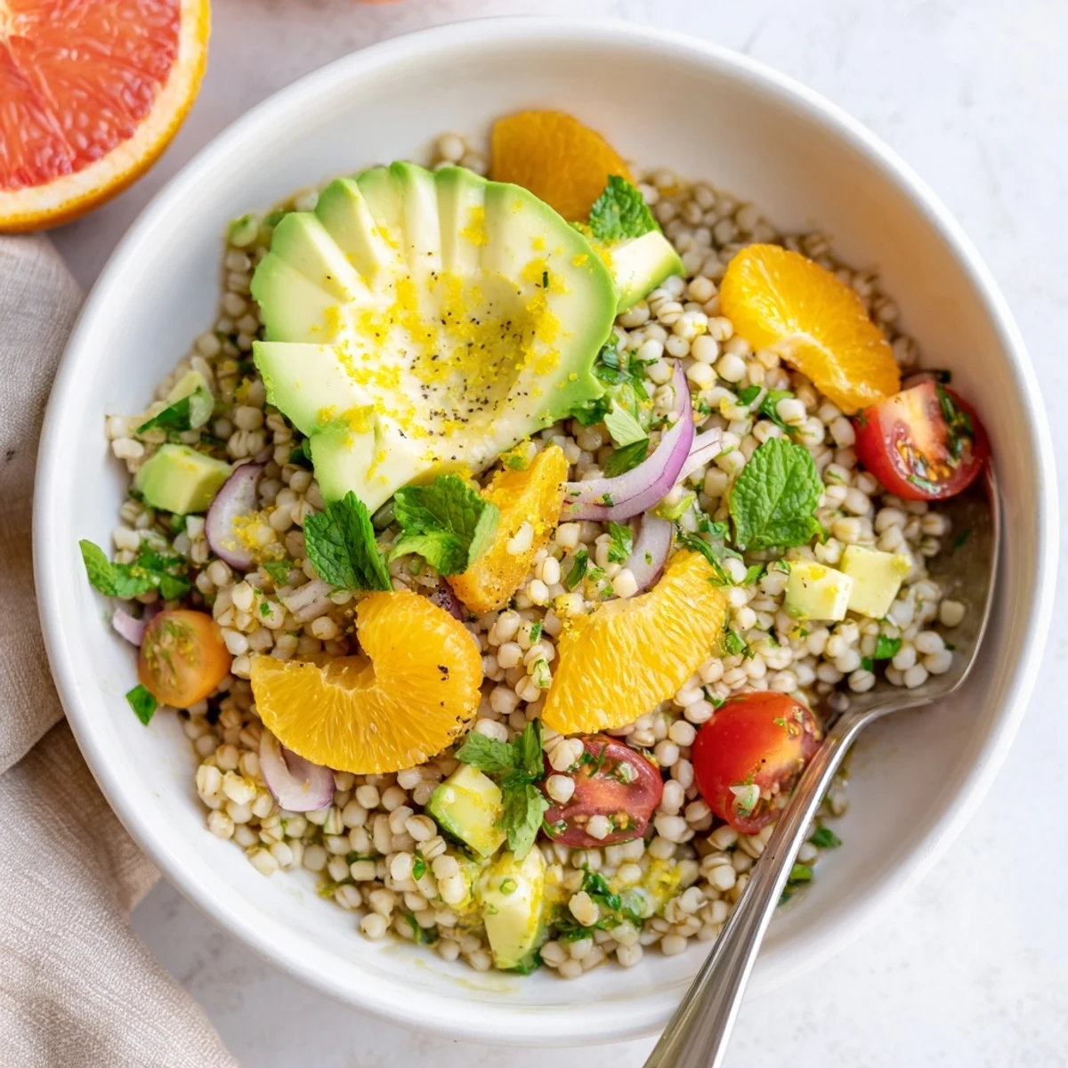 Citrus Herb Barley and Avocado Bowl with chewy grains, creamy avocado, juicy citrus