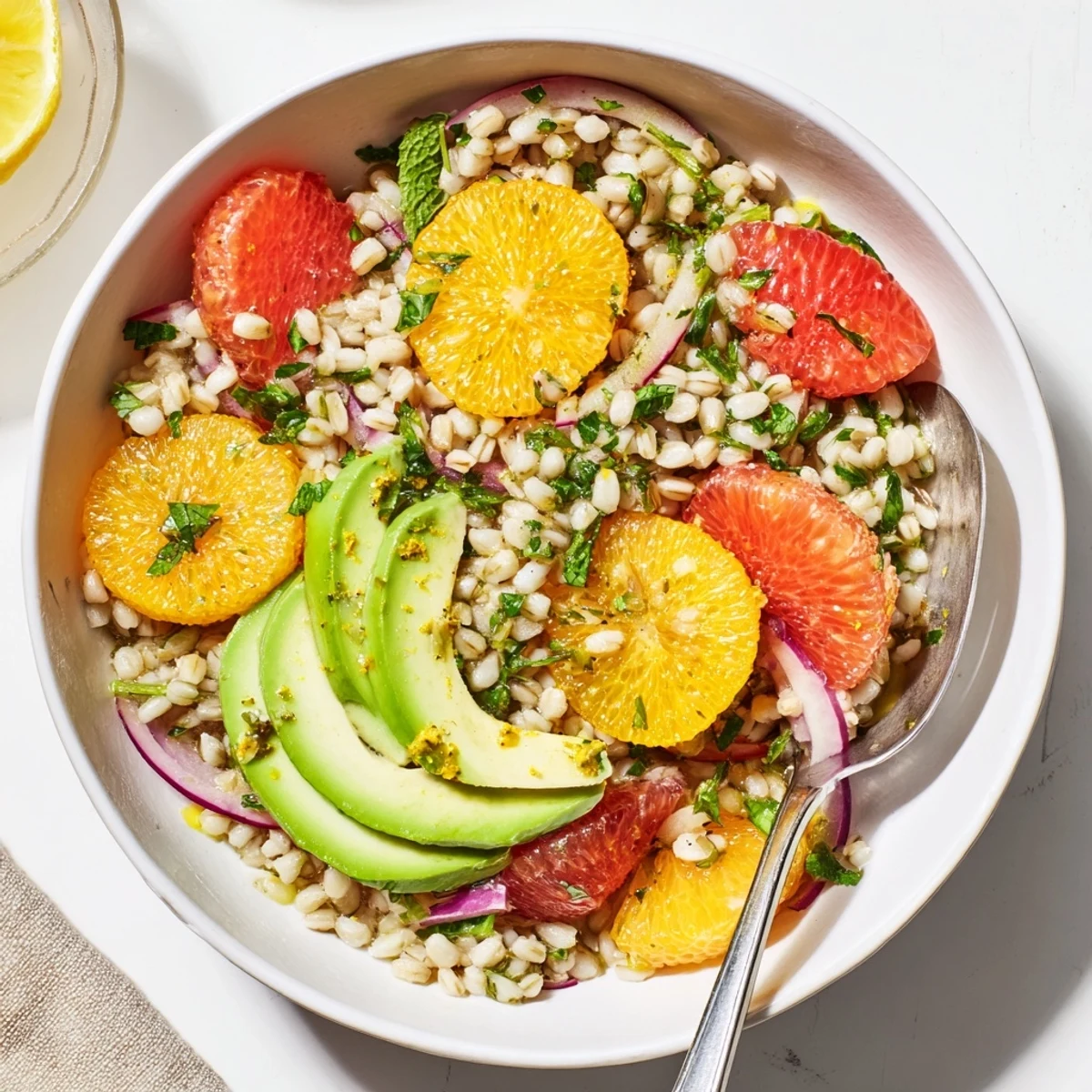 Lemony Citrus Herb Barley and Avocado Bowl topped with bright herbs and vinaigrette