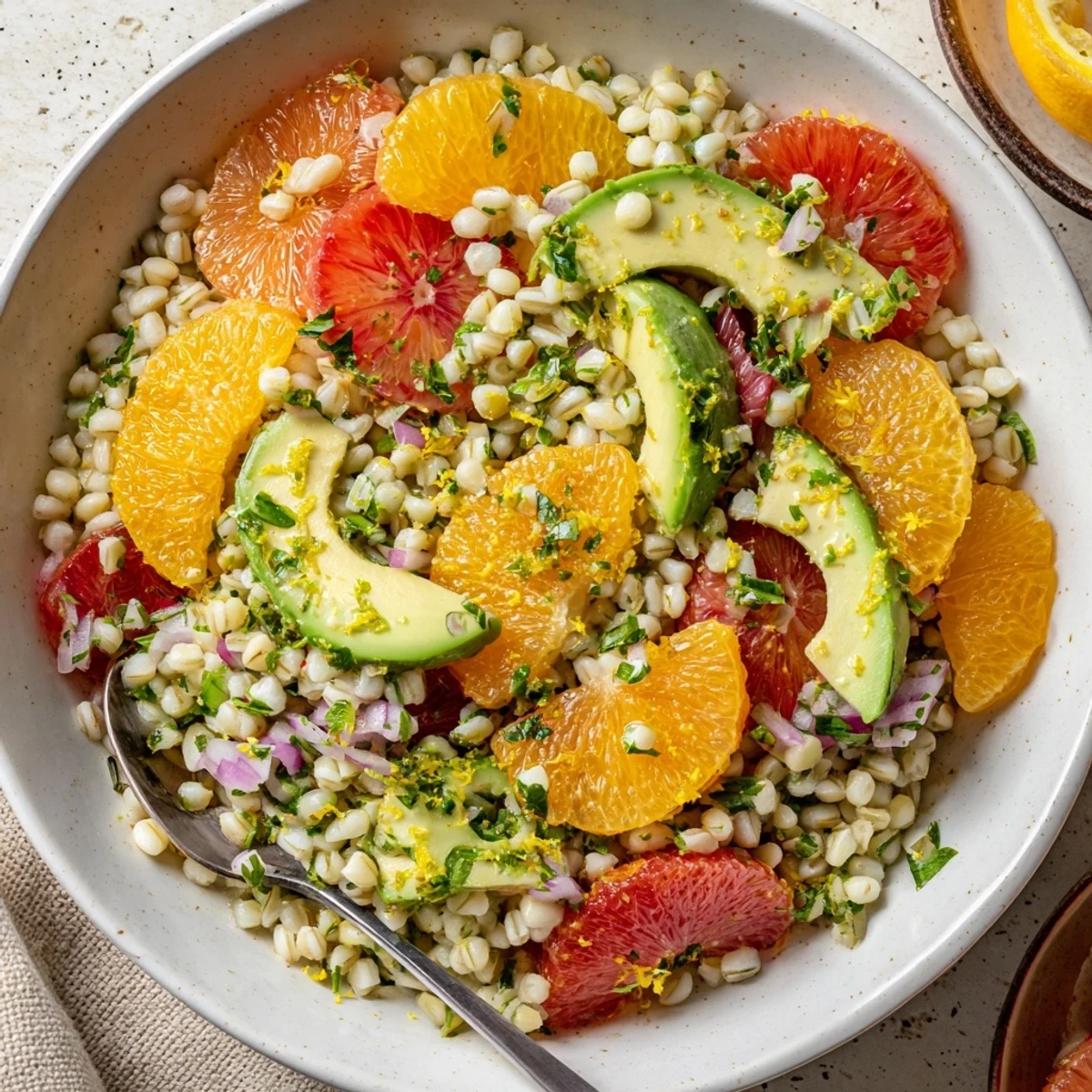 Weeknight Citrus Herb Barley and Avocado Bowl served warm, garnished with orange zest