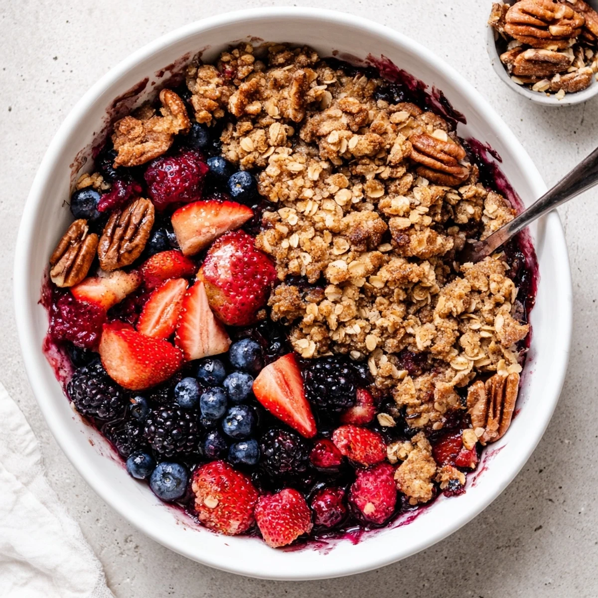 Slice of Vanilla Maple Berry Crisp served warm with melting vanilla ice cream.