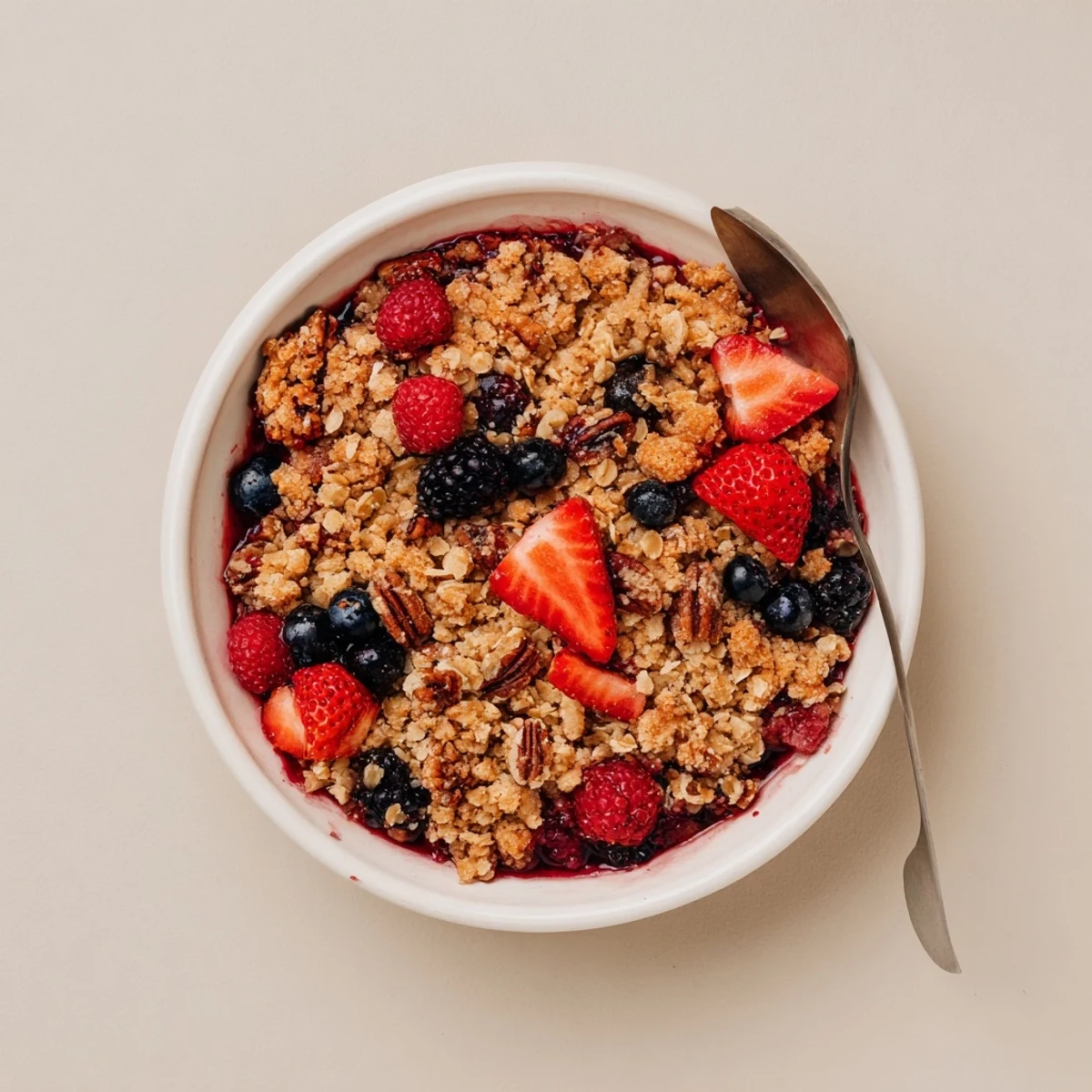 Warm Vanilla Maple Berry Crisp bubbling with syrupy berries, golden oat topping.