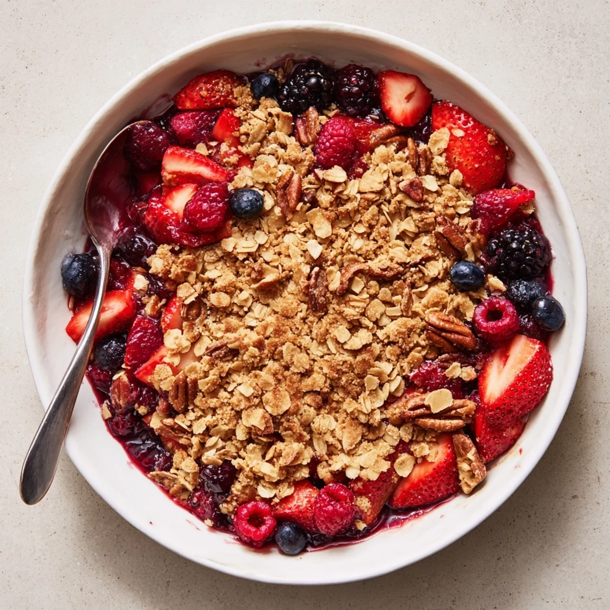 Golden, bubbling Vanilla Maple Berry Crisp topped with crunchy pecans and cinnamon.