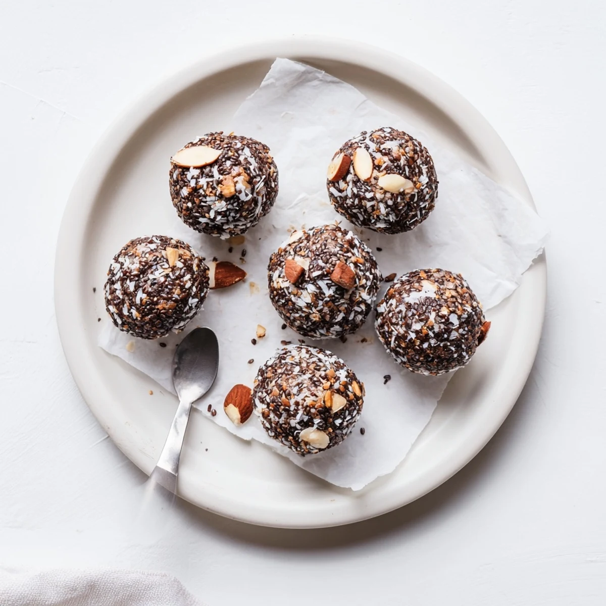 Bite-sized Cocoa Almond Coconut Chia Treat chilled, shredded coconut dusting, chia seeds visible.