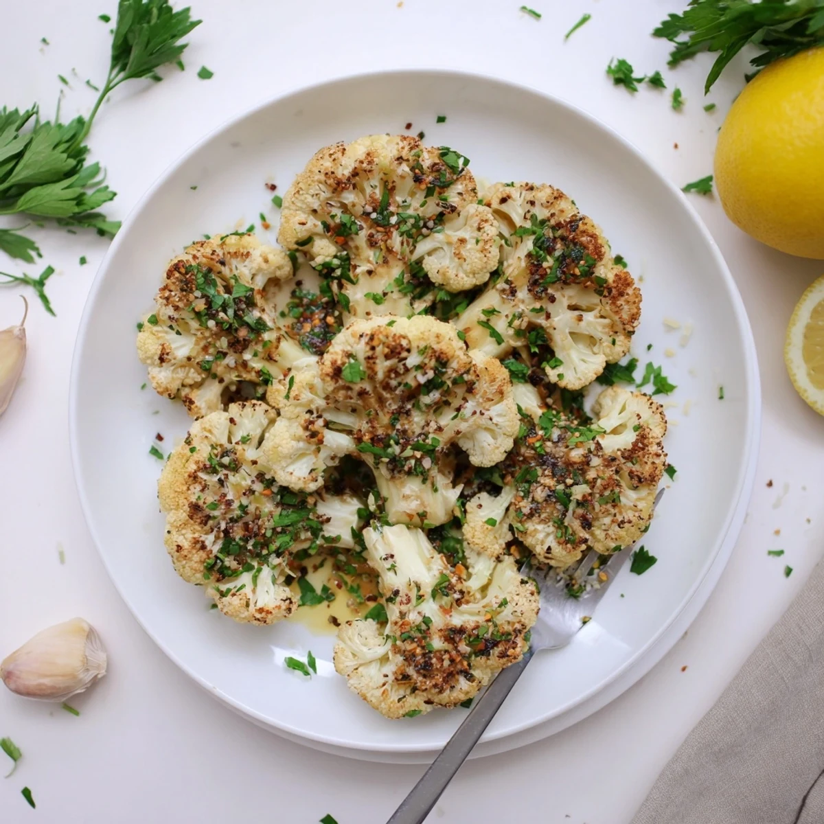 Served warm with lemon and parsley, Roasted Cauliflower With Garlic Herb Crust shines